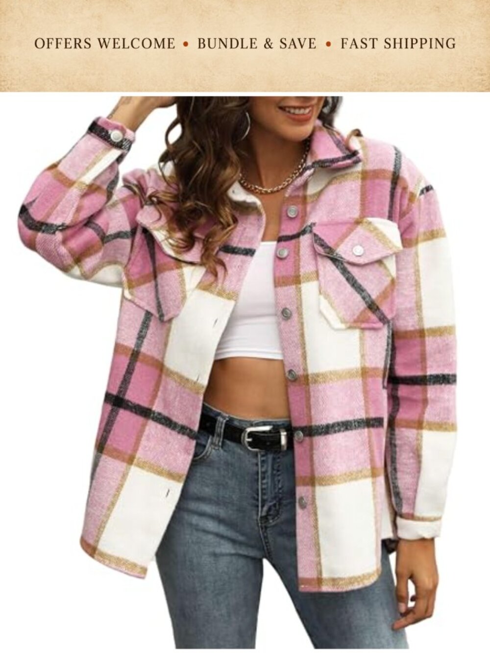 Women's Long Sleeve Plaid Flannel Wool Blend Shacket Button Down Shirt Jacket